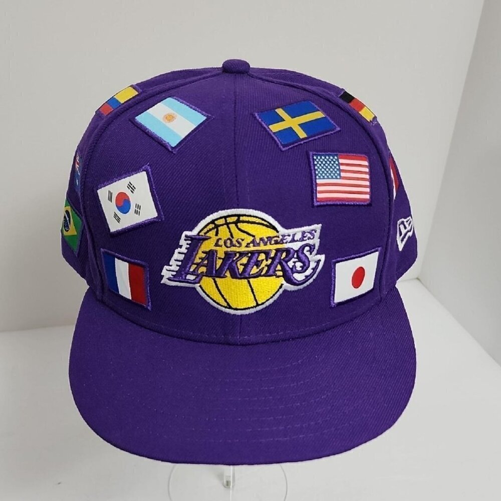 NWOT New Era Los Angeles Lakers Purple Snapback Hat Various National Flags - Picture 3 of 8